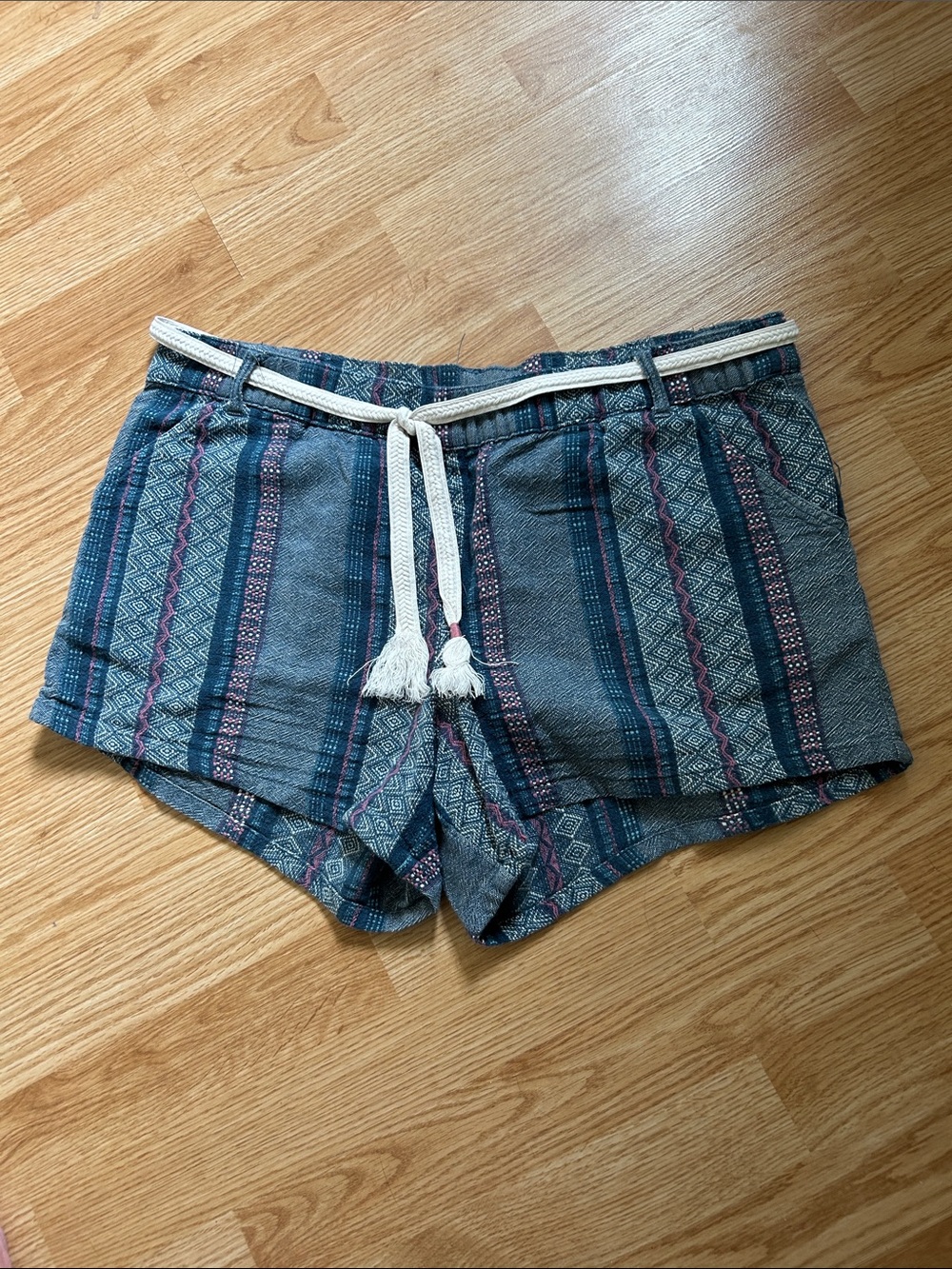 Natural Reflections Blue Striped High Waist Women’s Shorts with Tassel Belt